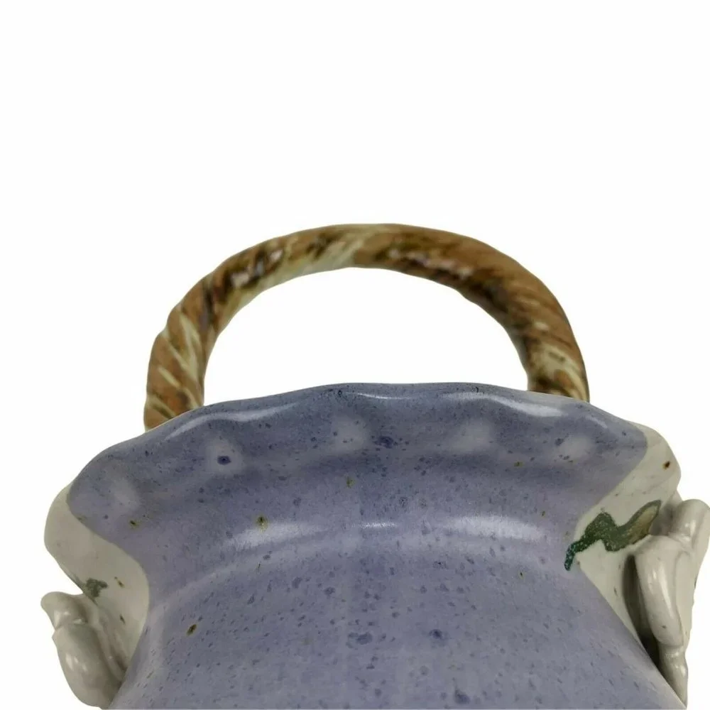 Artist Stamped Pottery Basket Vase Fluted Crimped‎ Rim Twisted Handle Blue Grey